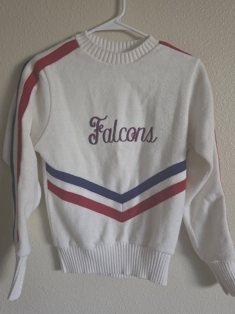 Varsity White Vintage Falcons Crewneck Sweater with Red and Blue Chevron Stripes